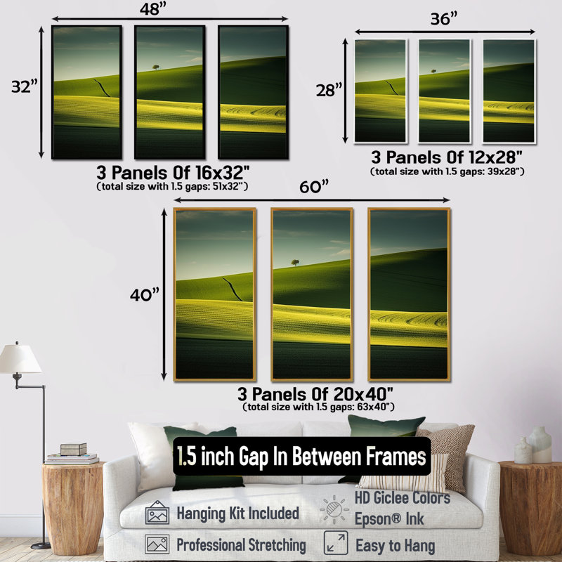 Photo de prairie monochrome verte - ensemble d'art mural sur toile prairie, Cadre naturel flottant