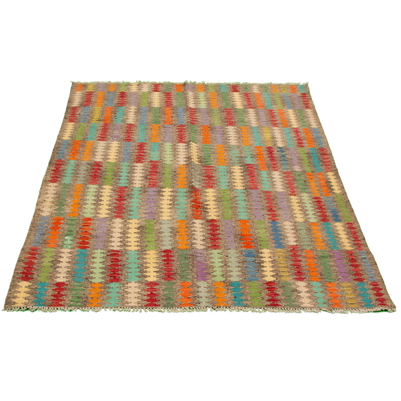 Tapis décoratif en laine noué à la main de conception unique 5 pi 7 po x 8 pi « New Age » en bleu/vert/rouge/orange
