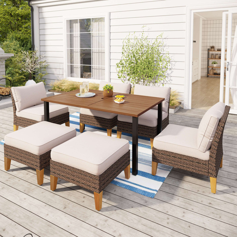 Argyri 7 Piece Wicker Outdoor Patio Furniture Set, Rattan Sectional Patio Set with Cushions, Beige