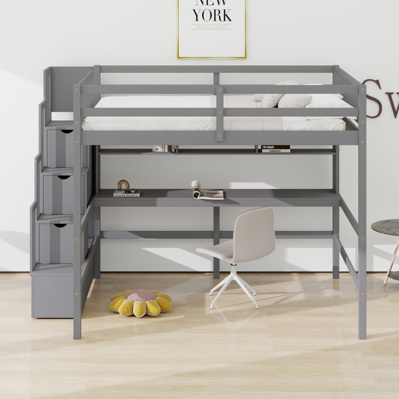 Loft Bed With Desk, Storage Shelves And Staircase, Gray