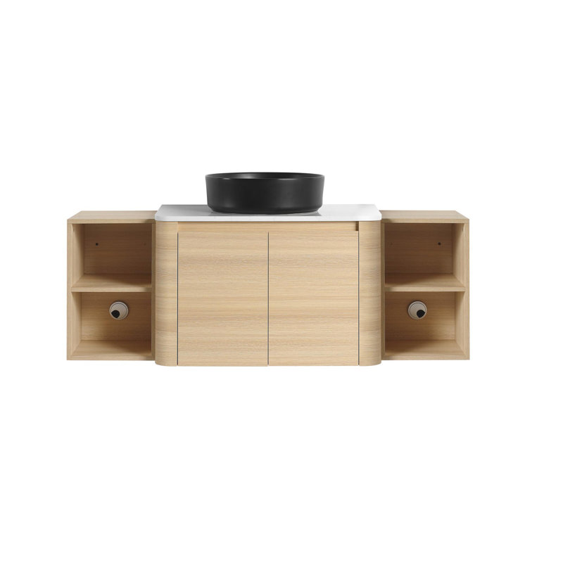 Meuble-lavabo mural avec lavabo en céramique, 2 portes à fermeture douce et 2 petites tablettes de rangement