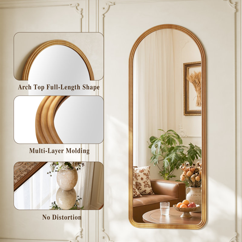 Miroir arqué pleine longueur avec cadre en bois massif pour le salon de la chambre à coucher, Natural wood