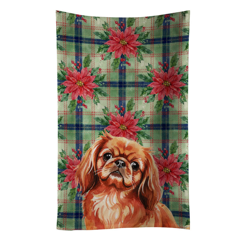 Red Pekingese Christmas PoinsettIas Kitchen Towel, Red Pekingese