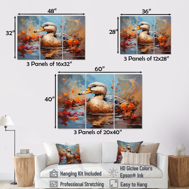 «Blue and Brown Duck In Pond I», art mural animal canard, H 28 po x l 36 po