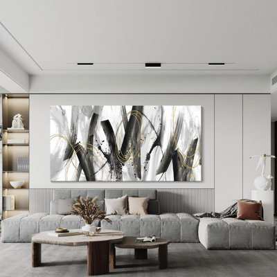 Art mural moderne noir et or - grande décoration murale abstraite pour le salon, la chambre à coucher, le bureau - élégante peinture en noir et blanc pour une décoration intérieure élégante