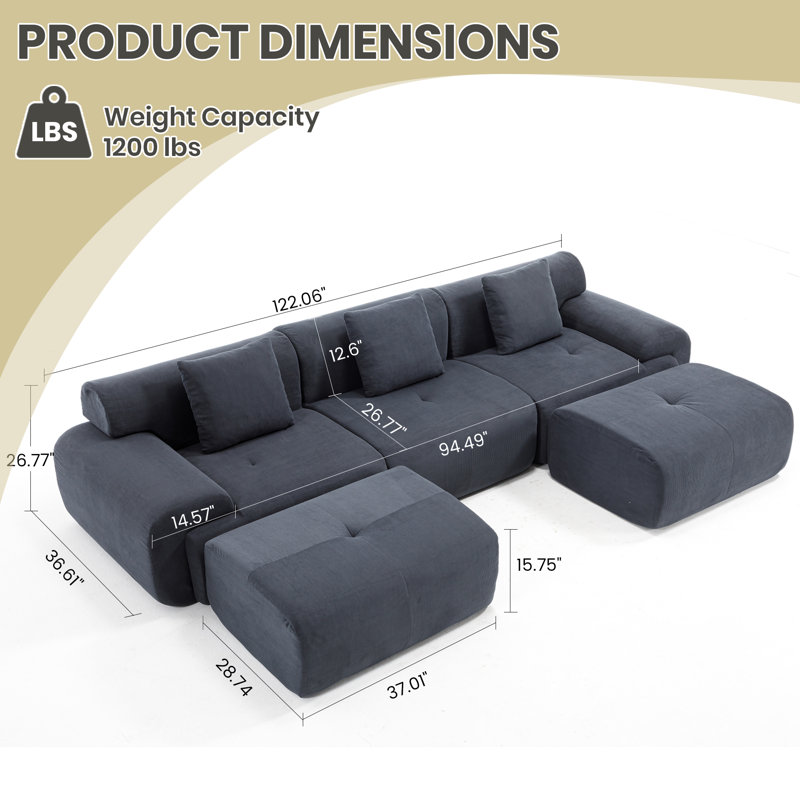 Boneless Corduroy Modern Compressed Block Sectional Couch, Gray Corduroy