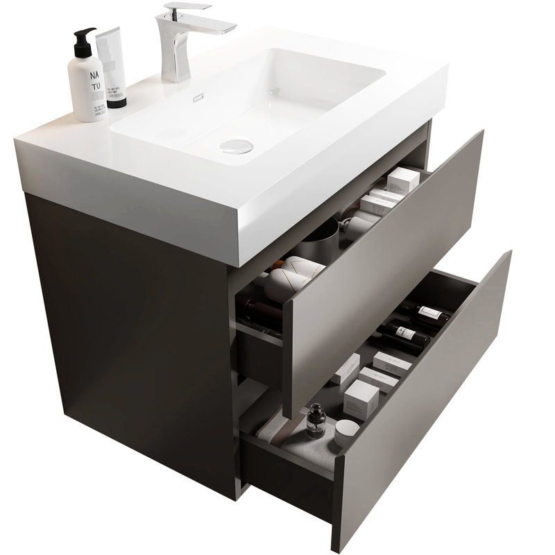 30" Bathroom Vanity In Gray - Modern Wall Mounted, Silent Drawer Glides, Expansive Storage Vanity: Modern, And Roomy, Gray