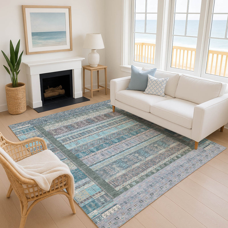 Premium Machine Washable Mayfield AMF2160 Striped Rug, Teal, Rectangle 5' x 7'6"