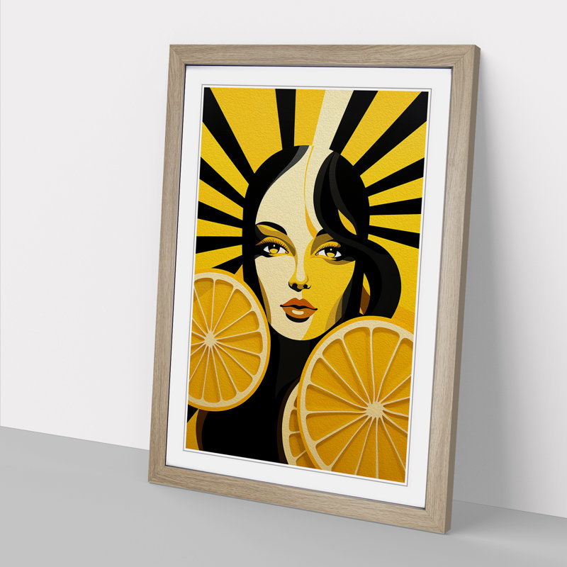 Sliced Lemon Art Deco - Single Picture Frame Print on Wood, Oak, 64cm H x 46cm W x 2cm D