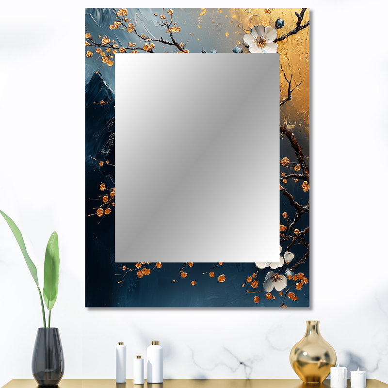 Or et bleu cerisier en fleurs, paysage I - miroir mural décoratif cerisier en fleurs, grand miroir traditionnel, art imprimé en métal