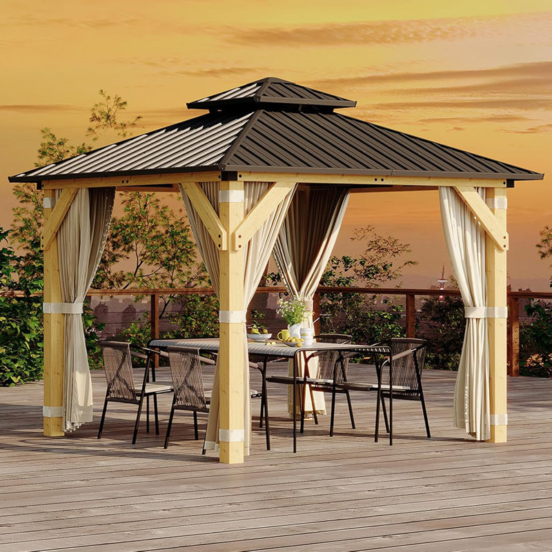10x10 Ft Hardtop Gazebo with Nettings and Curtains Heavy Duty Double Roof Galvanized Steel