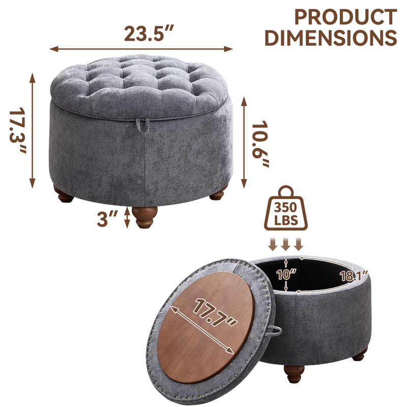 Repose-pieds capitonné rond de 24 po avec rangement capitonné, Chenille bleue marine