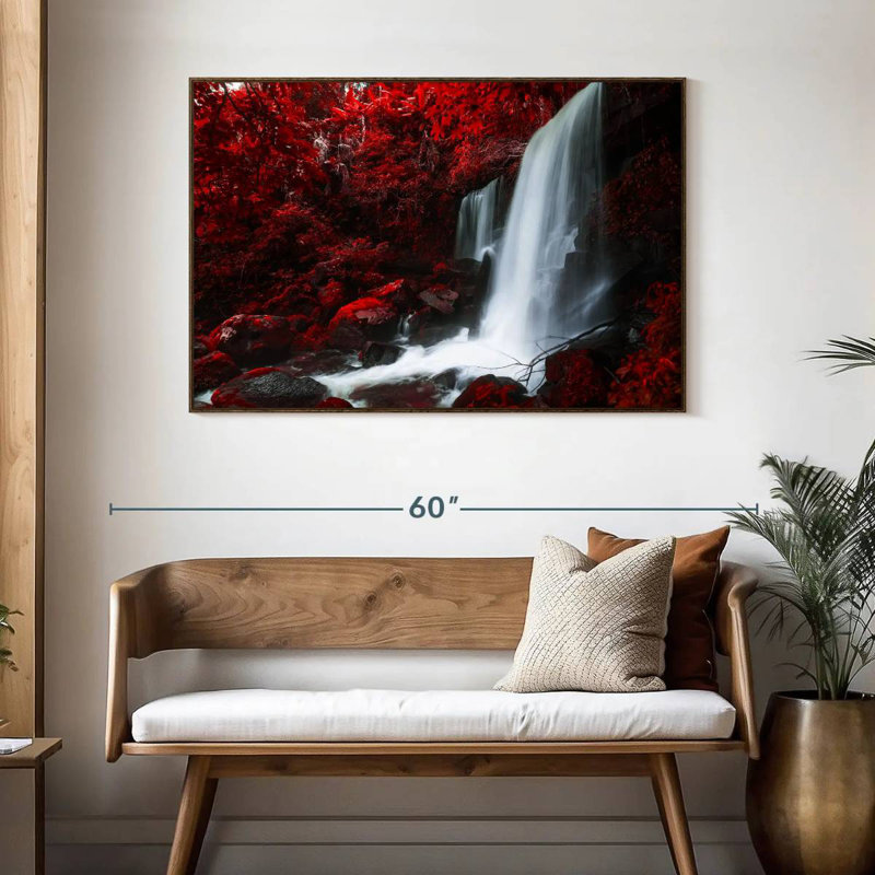 Chute d'eau rouge d'automne, 46 po x 31 po, Cadre flottant noyer
