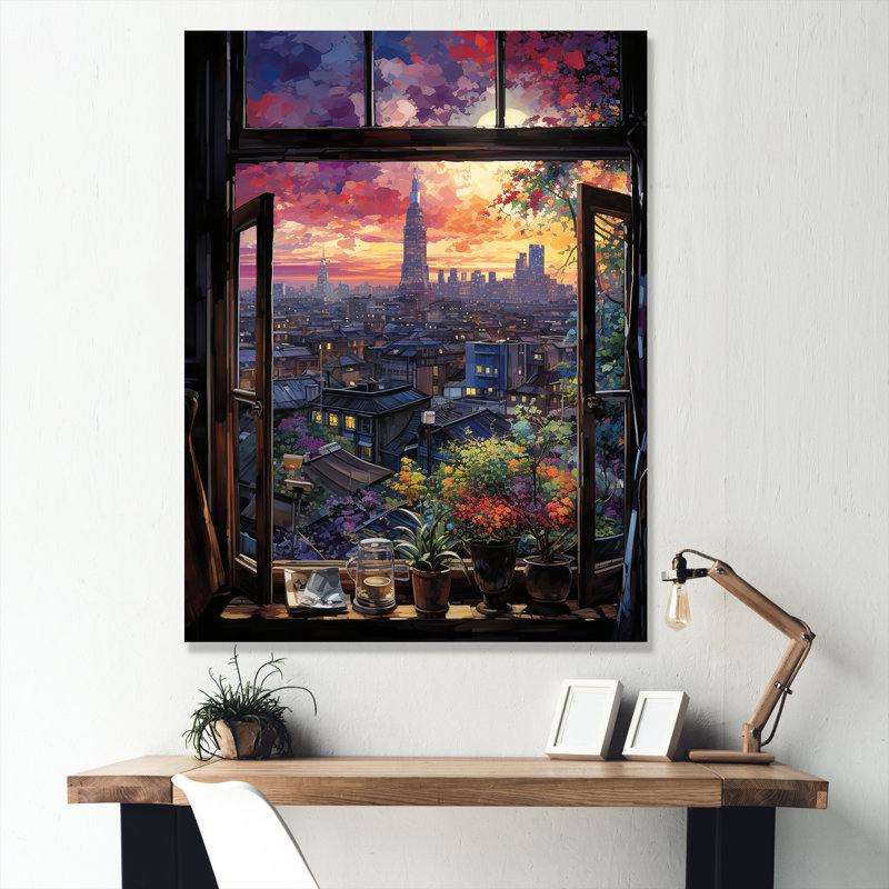 «Night In Tokyo Window View III - Japon», art mural, H 32 po x l 16 po x P 1 po, Toile tendue