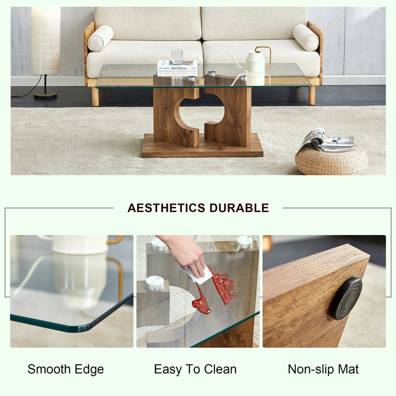 Rectangular tempered glass tabletop dining table, Natural Wood