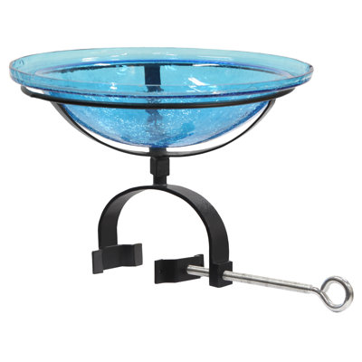 Crackle Glass Birdbath with Over Rail Bracket