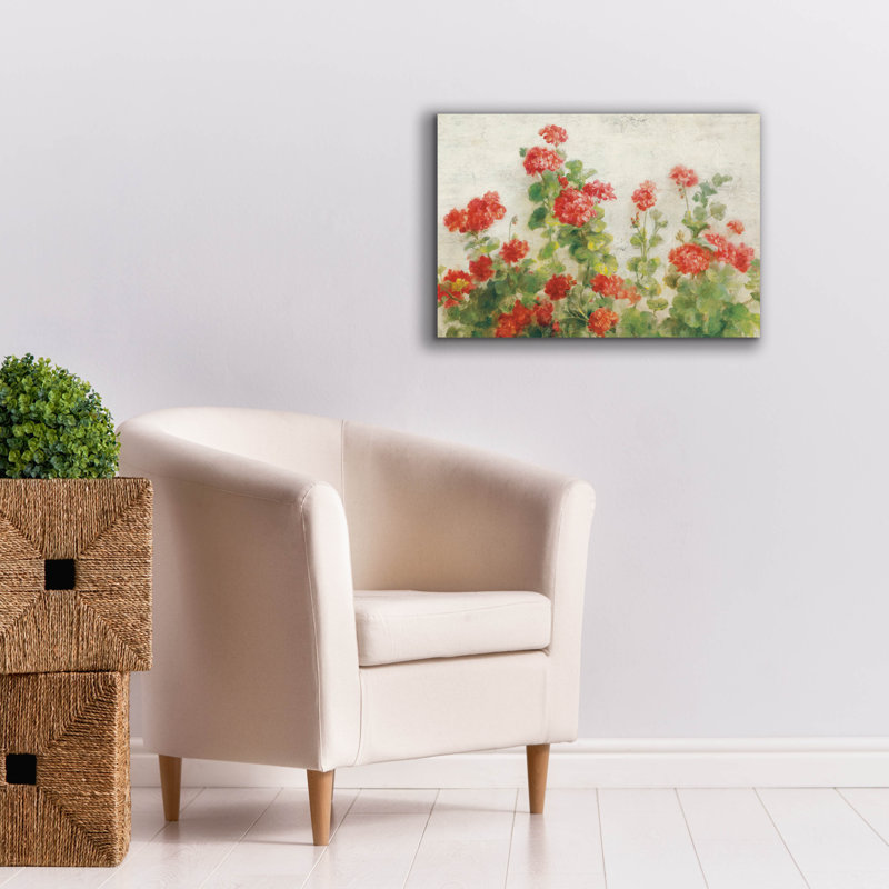  «Red Geraniums On White V2» par Danhui Nai, art mural sur toile, H 18 po x l 26 po