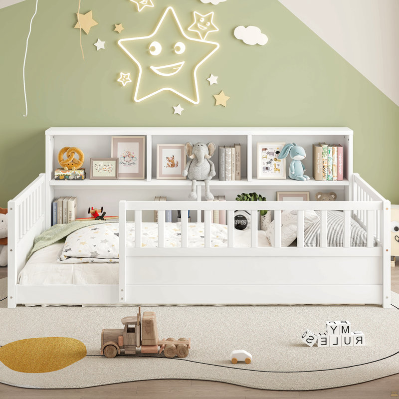 A Twin-Sized Wooden Floor Bed With A Fence-Style Guardrail, Twin, White