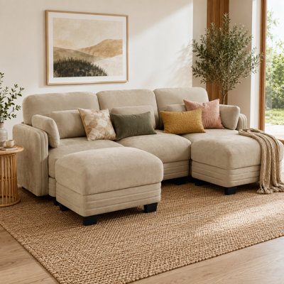 Canapé d'angle en U 3 places Chancy, capitonné, avec 2 poufs amovibles, canapé modulable moderne et minimaliste, revêtement en chenille, mousse haute résilience, assise matelassée