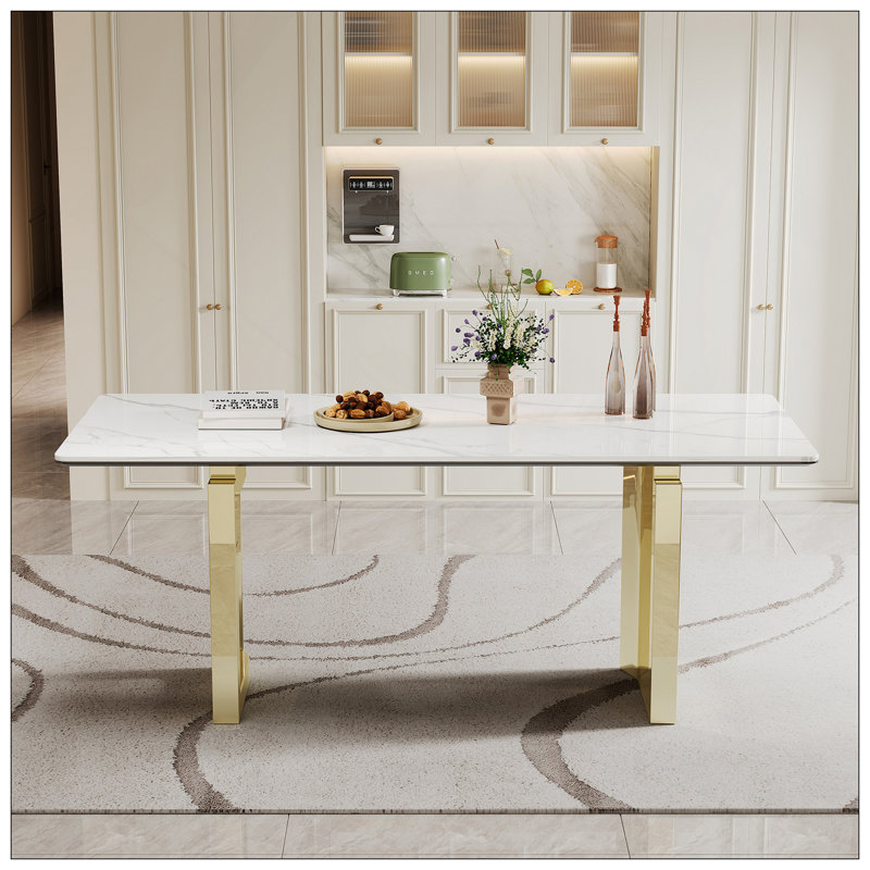 0.47" Thick Sintered Stone Composite Tempered Glass Top Rectangular Dining Table With Stainless Steel Base