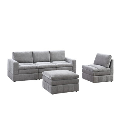5 Modular Sectional , 2X / One Arm Chairs, Armless 1X , Suede, Comfortable Cushion Back, Contemporary Style Modern 5Pc With Grey Triple Layer Cushion, For Living Area