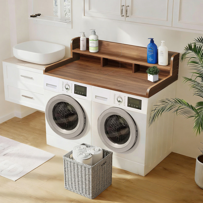 Washer Dryer Countertop With Non-Slip Pads, Laundry Wood Shelf Topper With Edge, 54" Width X 27.5" Depth Double Layer Organizer For Washer And Dryer Laundry Hamper Counter Storage Organization