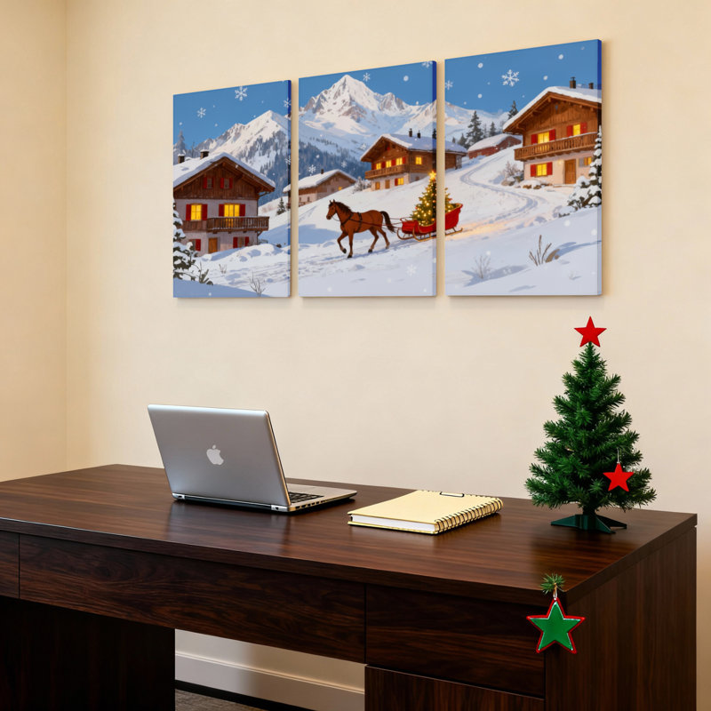 Ensemble de 3 toiles murales représentant un chalet d'hiver en montagne, H 36 po x l 72 po