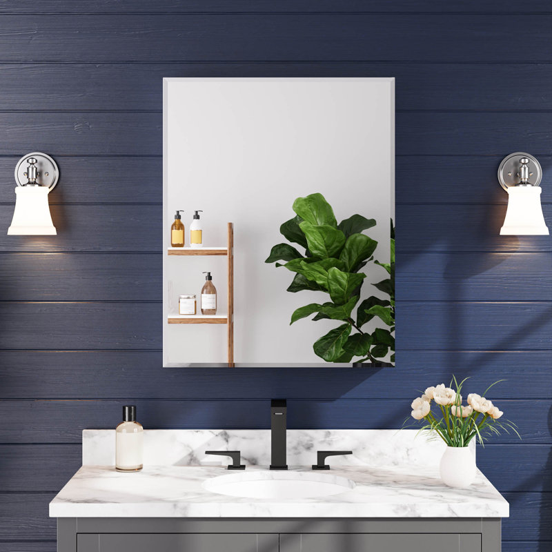Pharmacie à fixation en surface ou encastrée en aluminium avec porte miroir biseautée et 3 tablettes réglables en verre