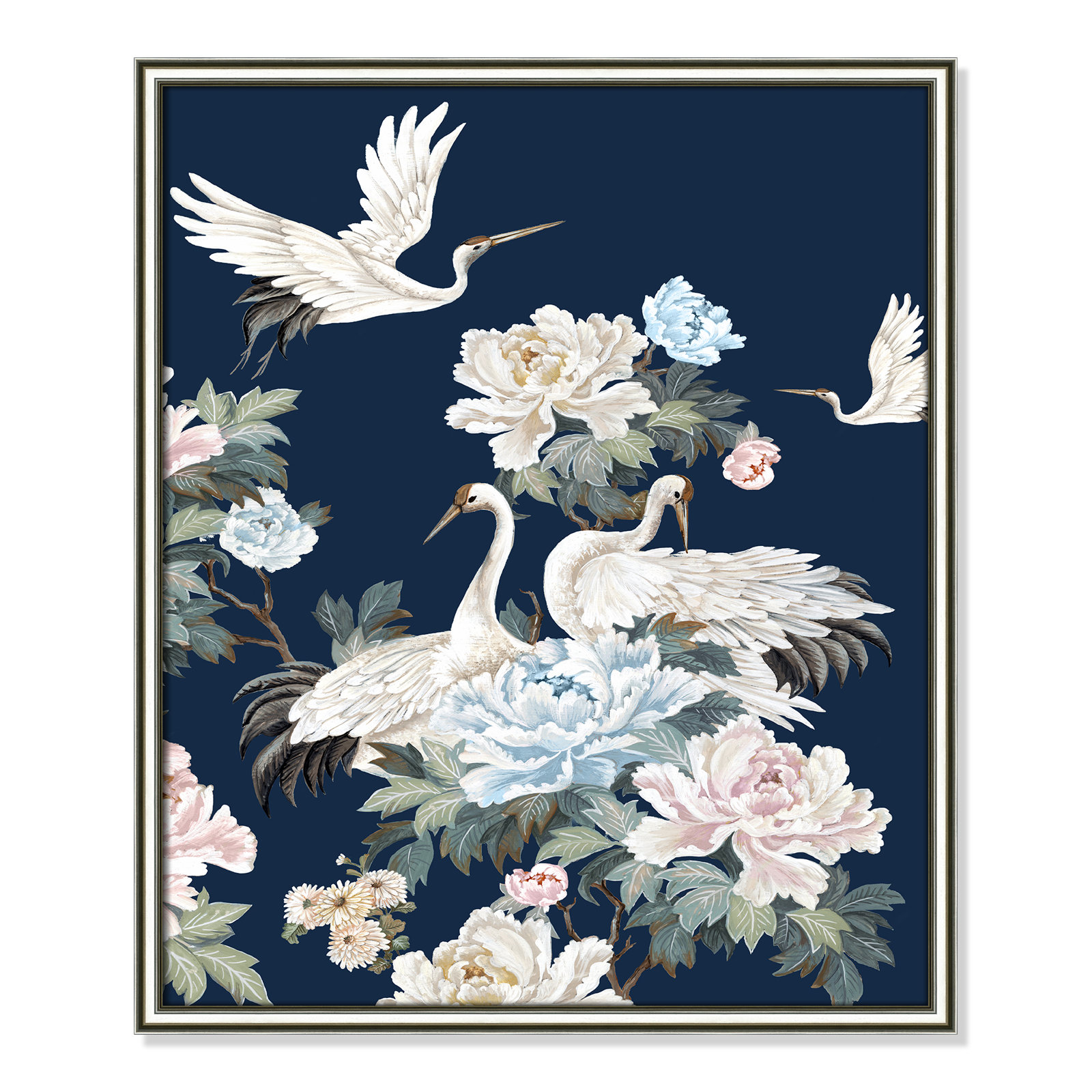 Danbury "Pearly White Cranes II" Painting, 26.75" H x 22.75" W x 0.88" D, Silver