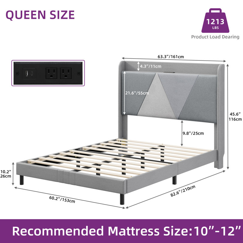 Lillien Storage Wingback Bed with Built In USB Port, Queen, Grey