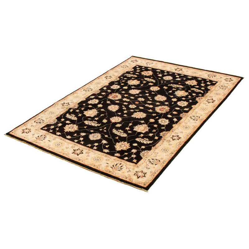 Tapis unique en laine noué à la main noir et beige nouvel âge 5 pi 11 po x 9 pi Haecker
