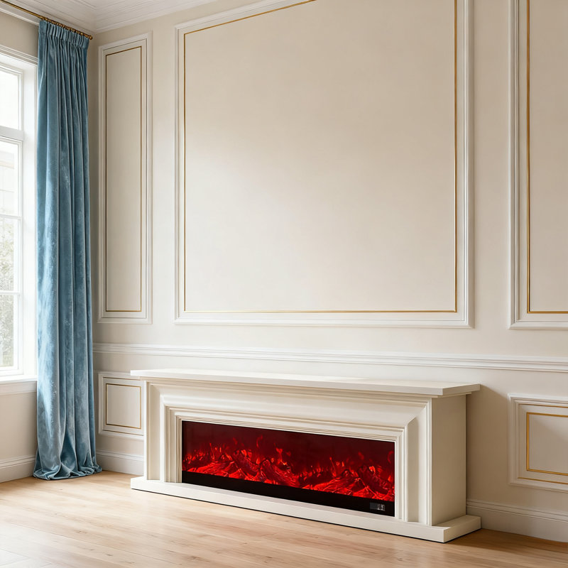 Meuble télé avec cheminée en chêne français rétro et luxueux, console décorative blanche / noire, L 94,49 po, Blanc
