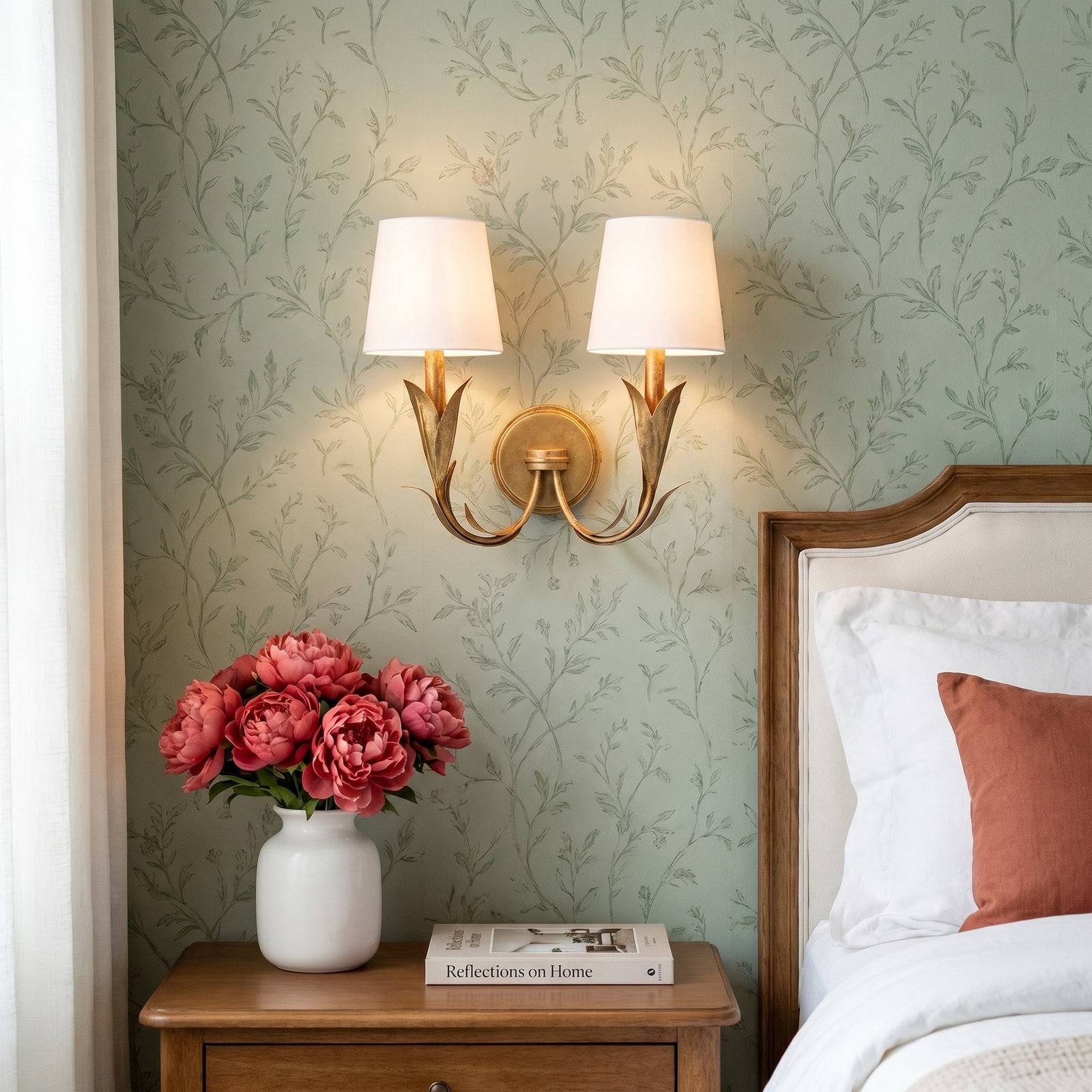 River Reed 2 Light Dimmable Armed Sconce, Antique Gold Leaf
