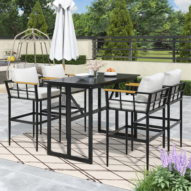 Iron Outdoor Dining Set With Acacia Wood Armrest Suitable For Patio, Balcony Or Backyard, Black