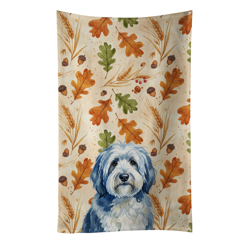 Blue and White Old English Sheepdog Heirloom Fall Kitchen Towel, Blue and White Old English Sheepdog