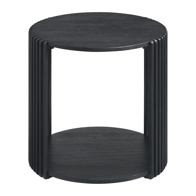 Table de bout ronde à lattes en bois avec tablette ouverte Estie, Noir