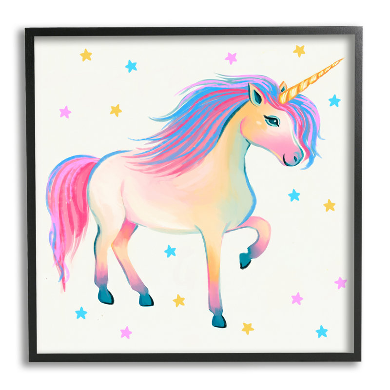 «Pastel Unicorn & Stars» encadré sur bois par Ziwei Li, H 17 po x l 17 po x P 1,5 po, Giclée encadrée noir minuit