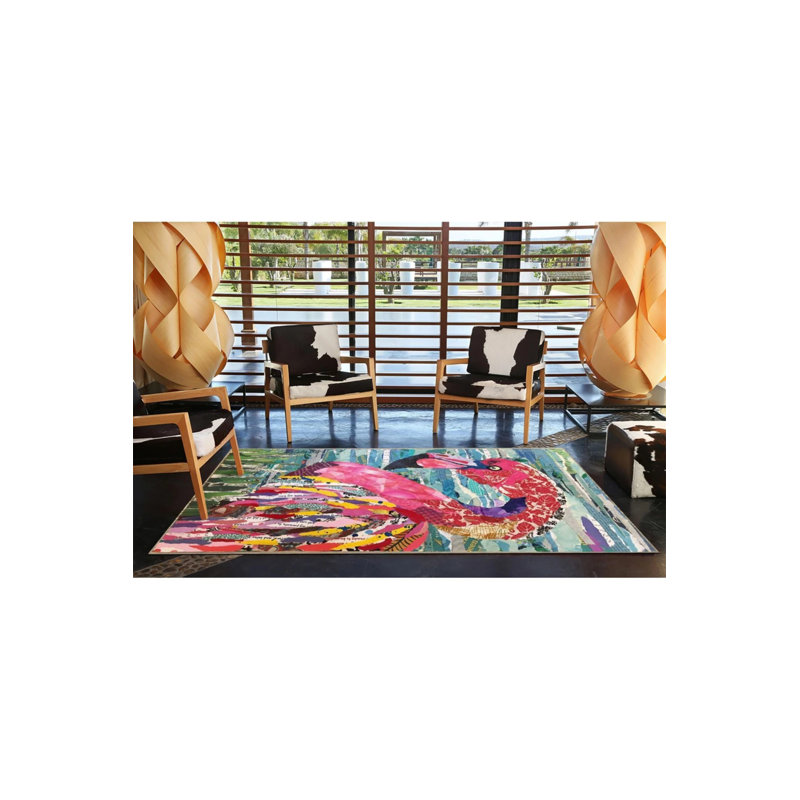 Pink Blue Themed Sea And Flamingo Patterned Creative Modern Decorative Carpet, Rectangle 2'4" x 4'
