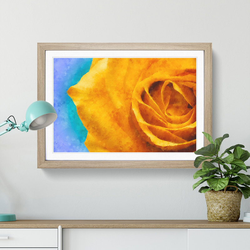 A Golden Yellow Rose - Single Picture Frame Painting on MDF, 33cm H x 45cm W x 2cm D, Oak