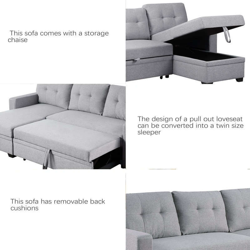 Upholstered Pull Out Sectional Sofa With Chaise, Light Grey Linen
