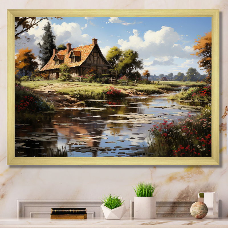 Danemark, campagne, idylle sur toile, H 16 po x l 32 po x P 1 po, Encadrement doré