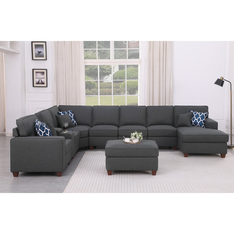 Canapé modulaire avec repose-pieds 9 pièces Eric, Lin gris foncé