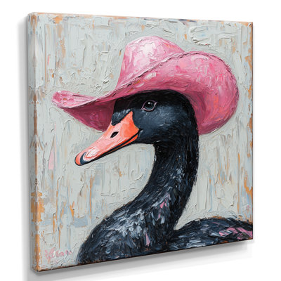 Keniqua, un cygne noir portant un chapeau de cowboy rose I - cygnes, art mural grand