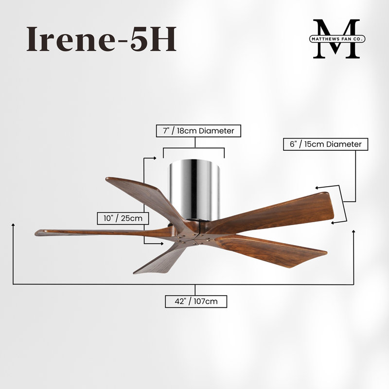 60" Irene 5-Blade Hugger Ceiling Fan with Wall Remote, Polished Chrome, 42", Walnut Tone