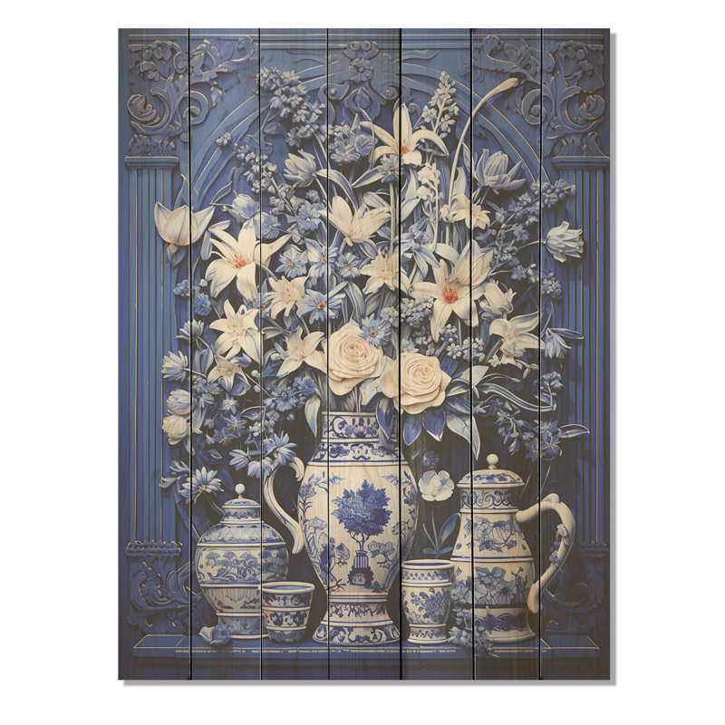 Poterie bohème bleue et blanche III - Poterie bohème sur bois, H 40 po x l 30 po