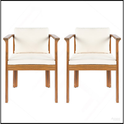 Outdoor Dining Chair Set of 2 with Curved Acacia Wood Arms, Teak Finish and Cream Cushions