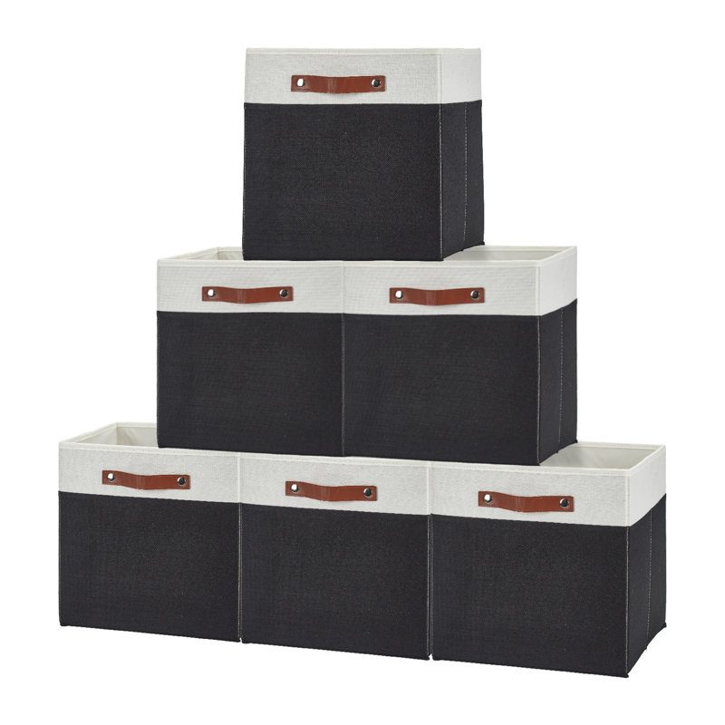 Linen Storage Bins 6-Pack, Foldable Open Bins with Leather Handles, Black, 13x6x5 Inches, Black/White
