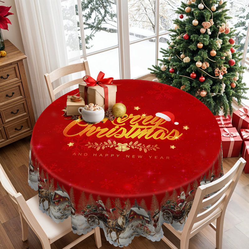 1pc Christmas Red Themed Print Tablecloth, Round Table Cloth With Santa Claus, Xmas Decor, Snowman Christmas Tree Holiday Party Gift Indoor Dining Decor, Table Cover, Festive Home Kitchen Accessory Gifts
