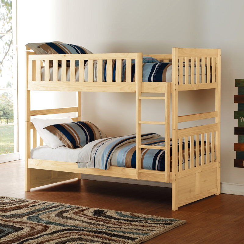 Lit simple superposé de style transitionnel, finition en pin naturel, garde-corps sur le lit supérieur, lit sans fondation requis, rails, sommier, pour la chambre à coucher