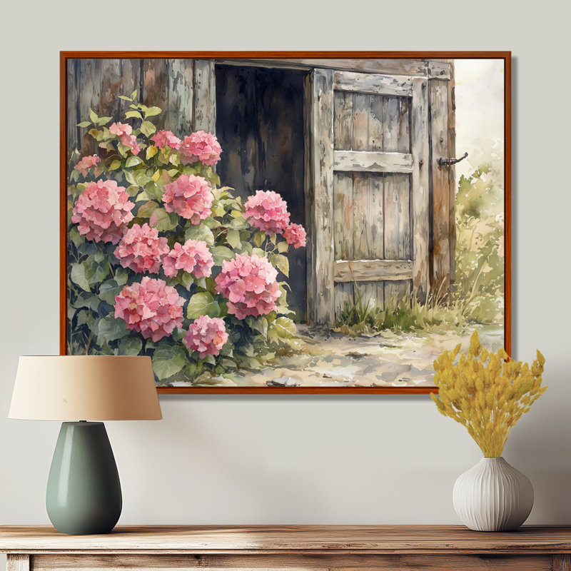 «Donnal Hydrangeas By The Farmhouse Gate I - Hydrangea», art mural, H 30 po x l 40 po, Brun, Impression encadrée flottante